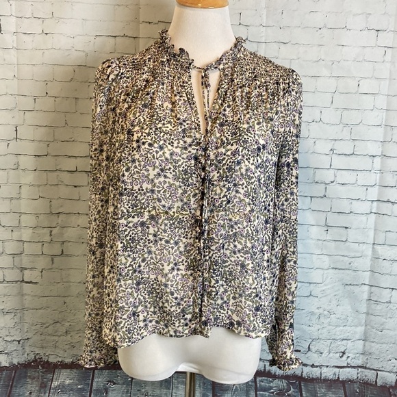 Free People Lela Blouse XS Floral Smocked Semi Sheer Cottagecore Boho Prairie - Picture 6 of 16